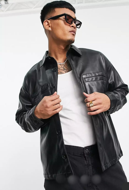 Men's Black Leather Shirt In Full Sleeve