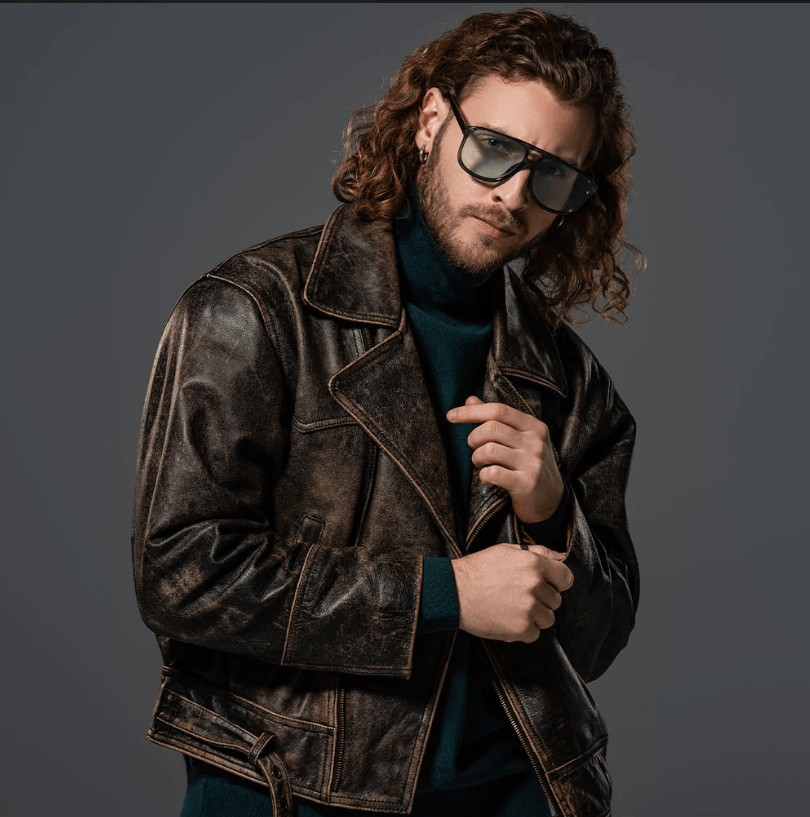 Men's Distressed Leather Vintage Jacket In Black With Belt
