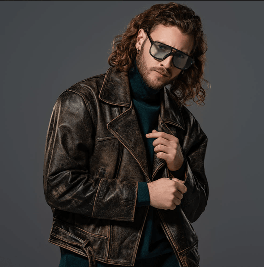 Men's Distressed Leather Vintage Jacket In Black With Belt