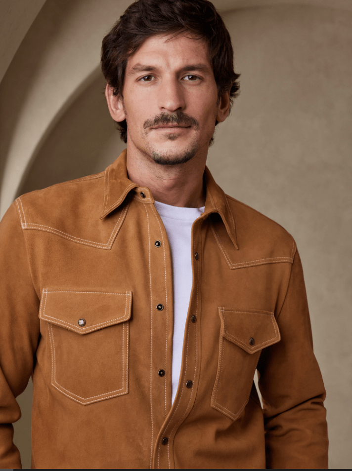 Men's Full Sleeve Suede Leather Shirt In Brown