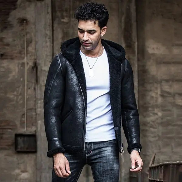 Arcane Fox - Men's Hooded Shearling Leather Jacket In Black