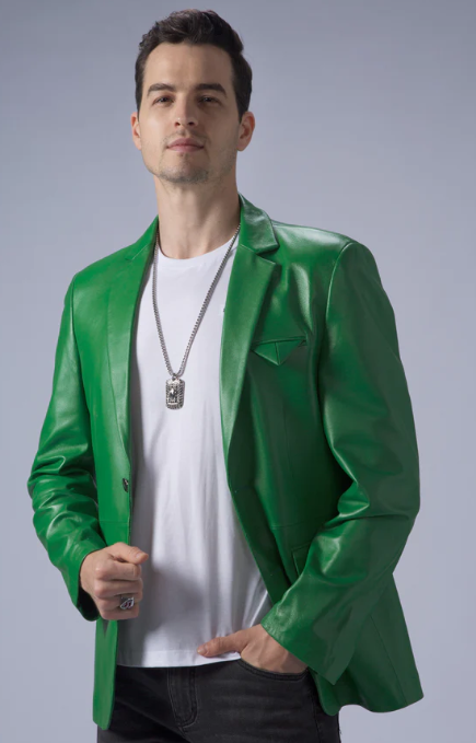 Men's Leather Blazer In Green