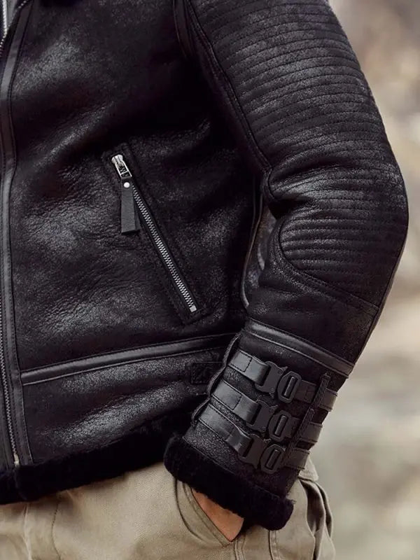 Arcane Fox - Men's Shearling B3 Motorcycle Leather Jacket In Black