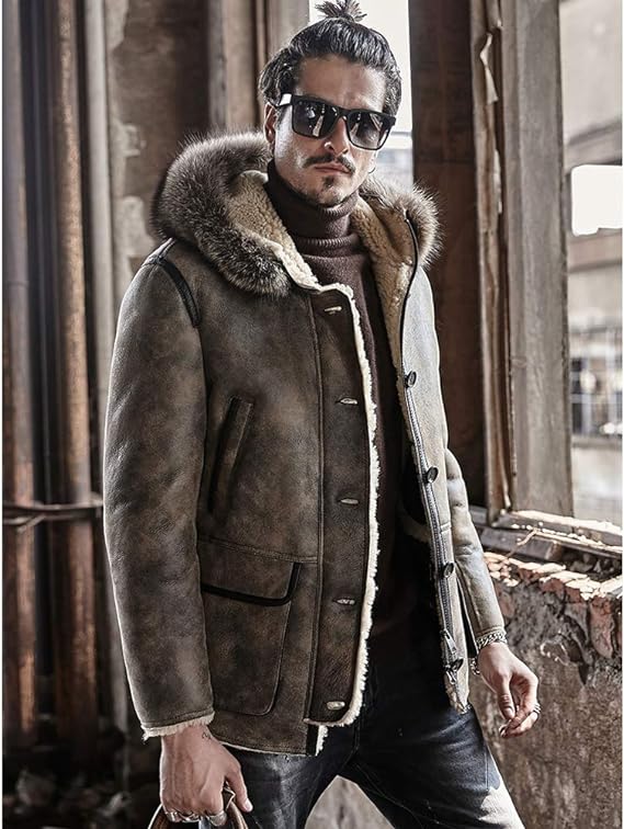 Men's Shearling Parka Leather Jackets In Tan Beige
