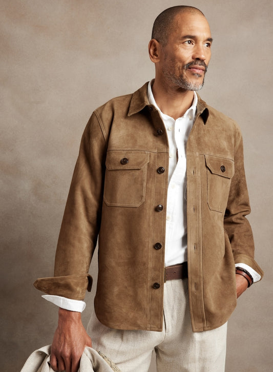 Men's Trucker Suede Leather Shirt In Tan Brown