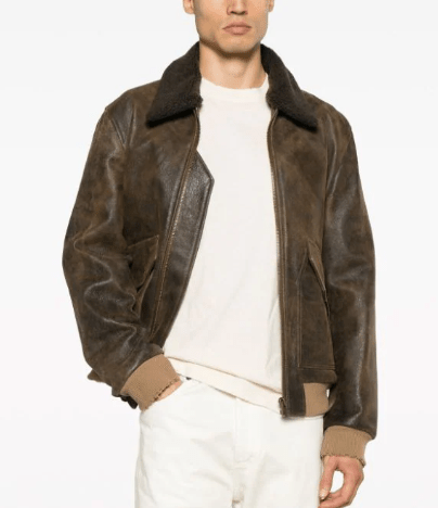 Men's Vintage Shearling Bomber Leather Jacket In Dark Brown
