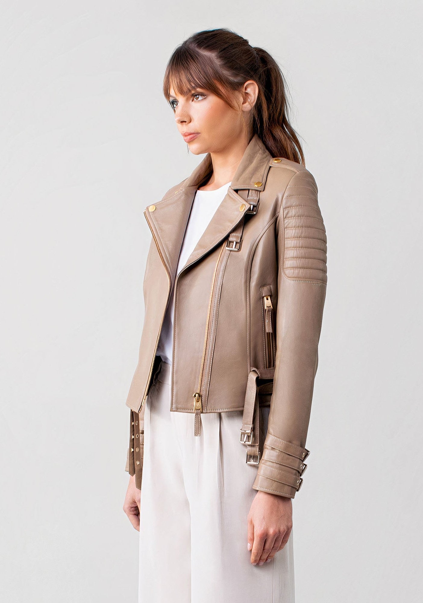 Women's Biker Cafe Racer Leather Jacket In Beige