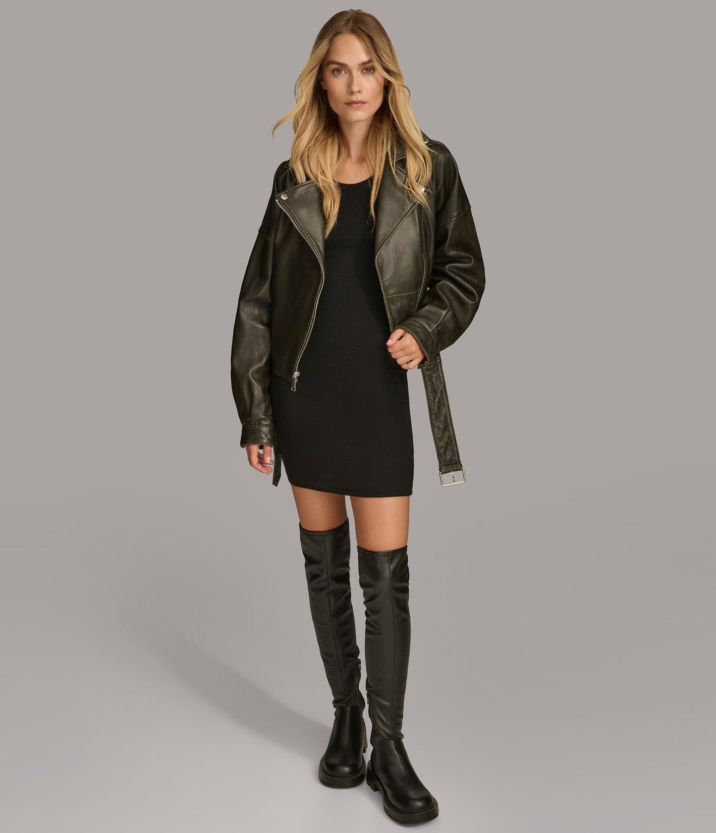 Women's Black Belted Oversized Biker Leather Jacket - Arcane Fox