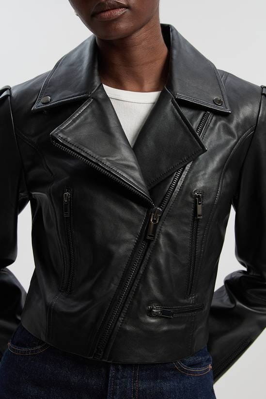 Women's Black Cropped Biker Leather Jacket - Arcane Fox