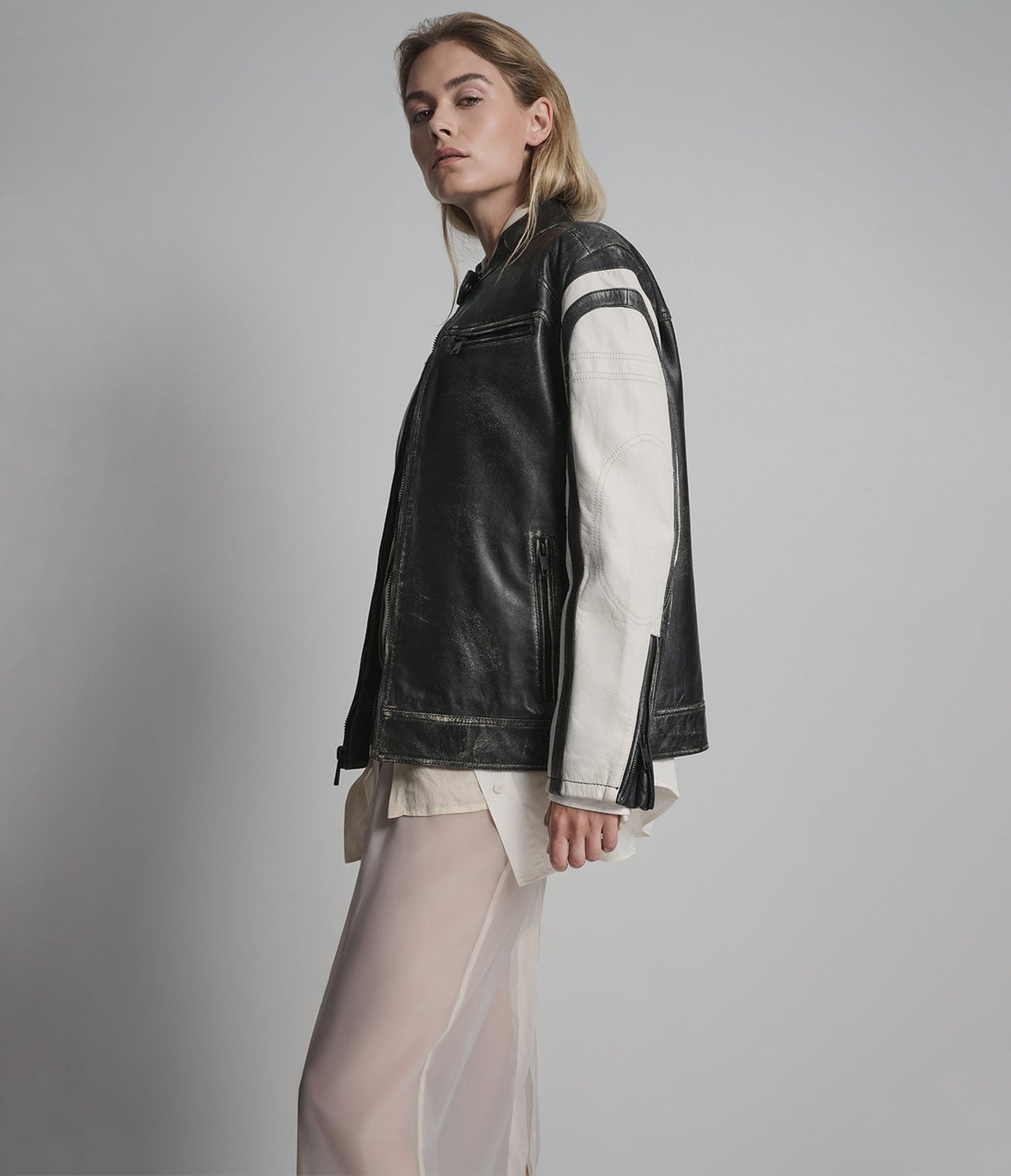 Women's Cafe Racer Black Leather Jacket With White Sleeves