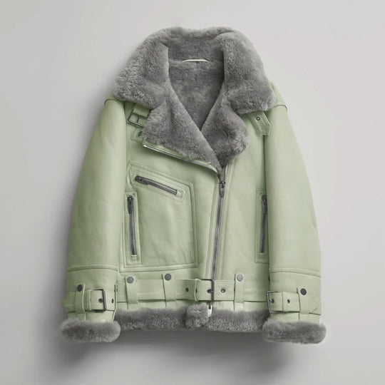 Arcane Fox - Women's Shearling Aviator Fur Leather Jacket In Mint Green