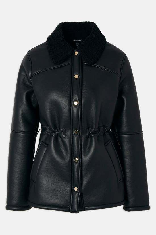 Women's Shearling Black Leather Jacket With Button Closure