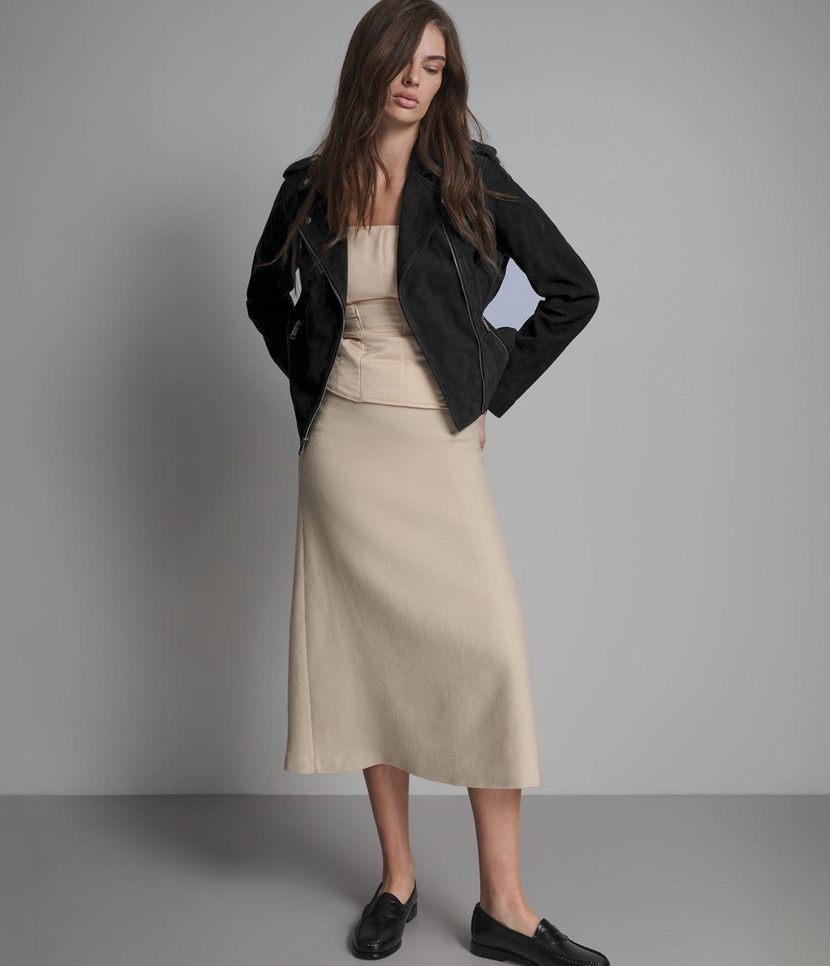 Women's Suede Biker Leather Jacket In Black - Arcane Fox