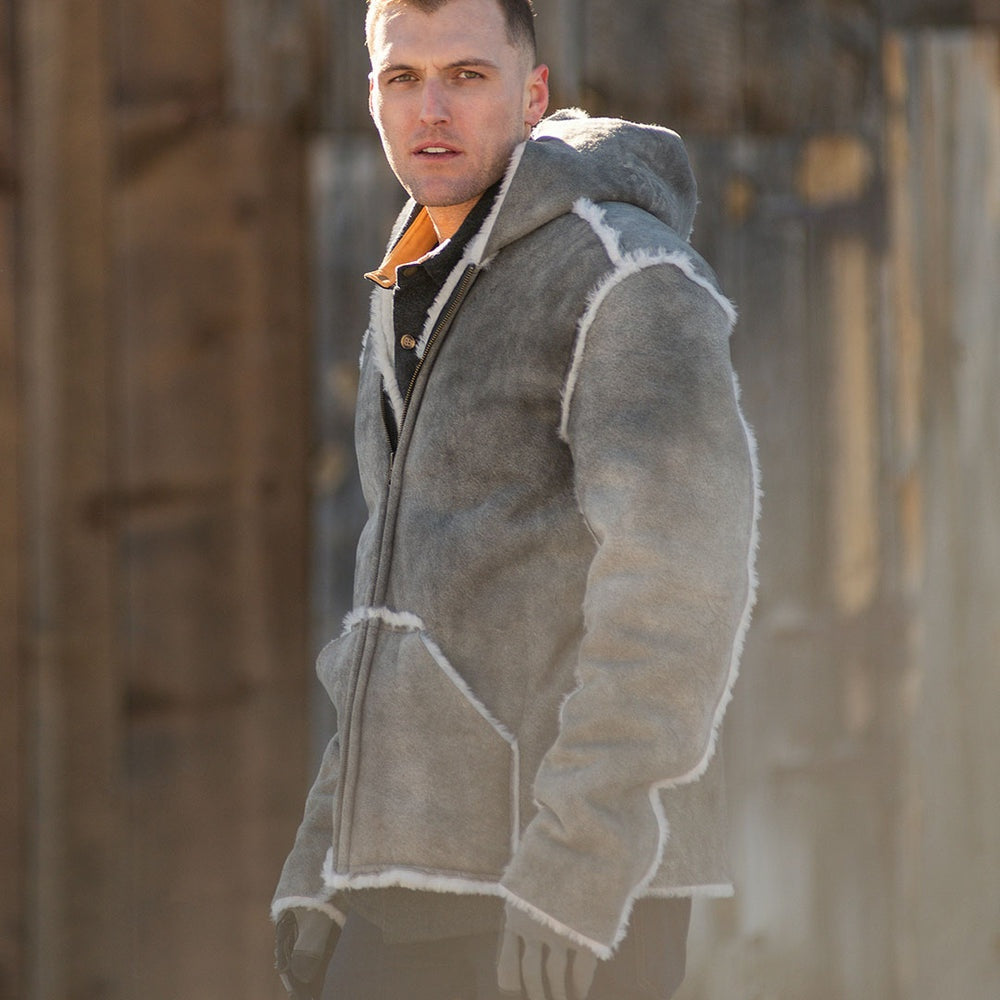 Men's Gray Hooded Fur Leather Jacket