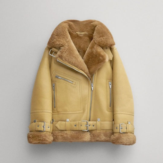 Arcane Fox - Women's Aviator Sheepskin Fur Leather Jacket In Tan Brown