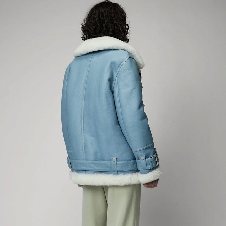 Arcane Fox - Women's B3 Shearling Fur Leather Jacket In Sky Blue