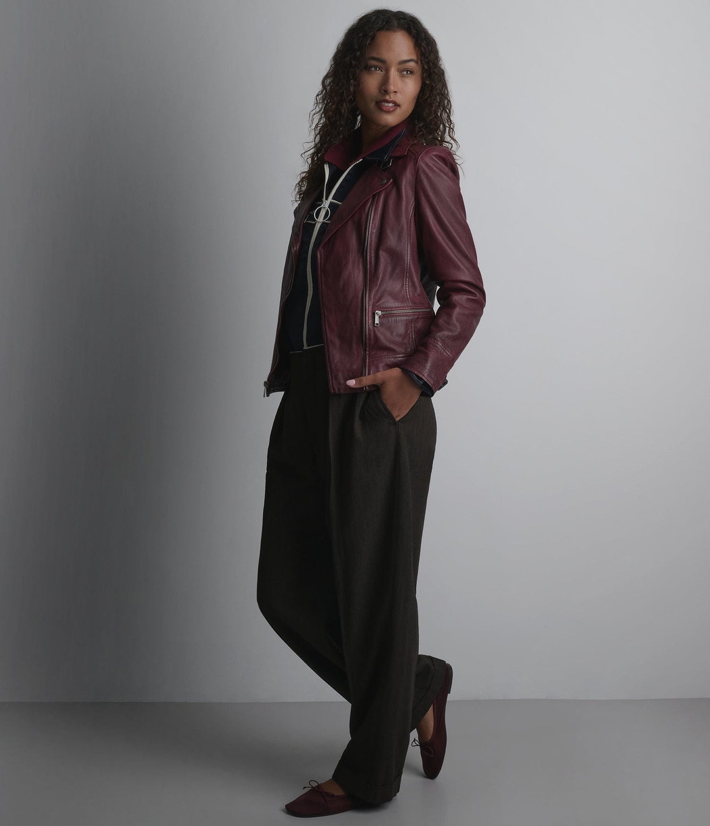 Women's Biker Cafe Racer Leather Jacket In Burgundy - Arcane Fox