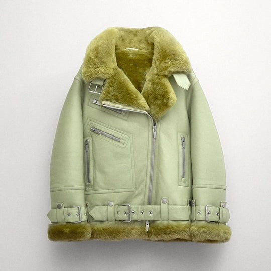 Arcane Fox - Women's Shearling Raf Aviator Leather Jacket In Mint Green