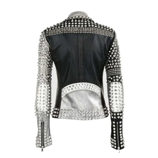 Women's Studded Biker Leather Jacket With Black & White