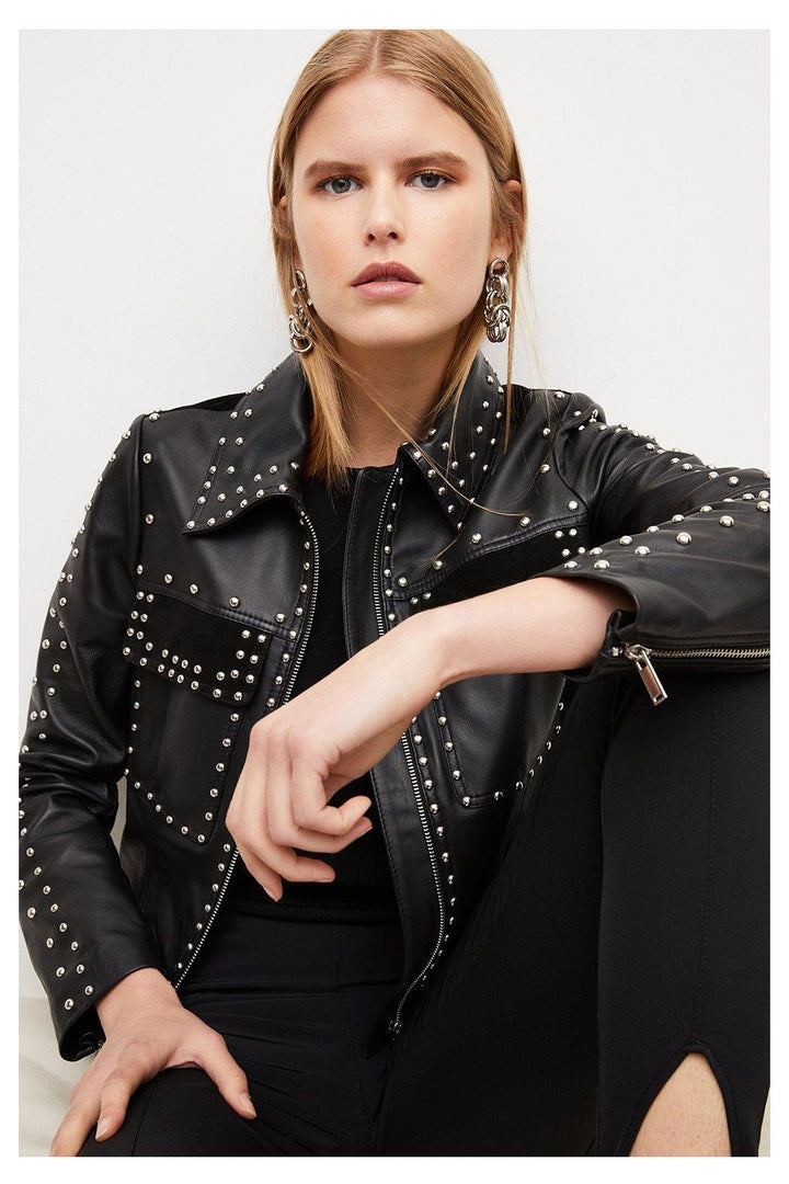 Arcane Fox - Women's Studded Trucker Leather Jacket In Black