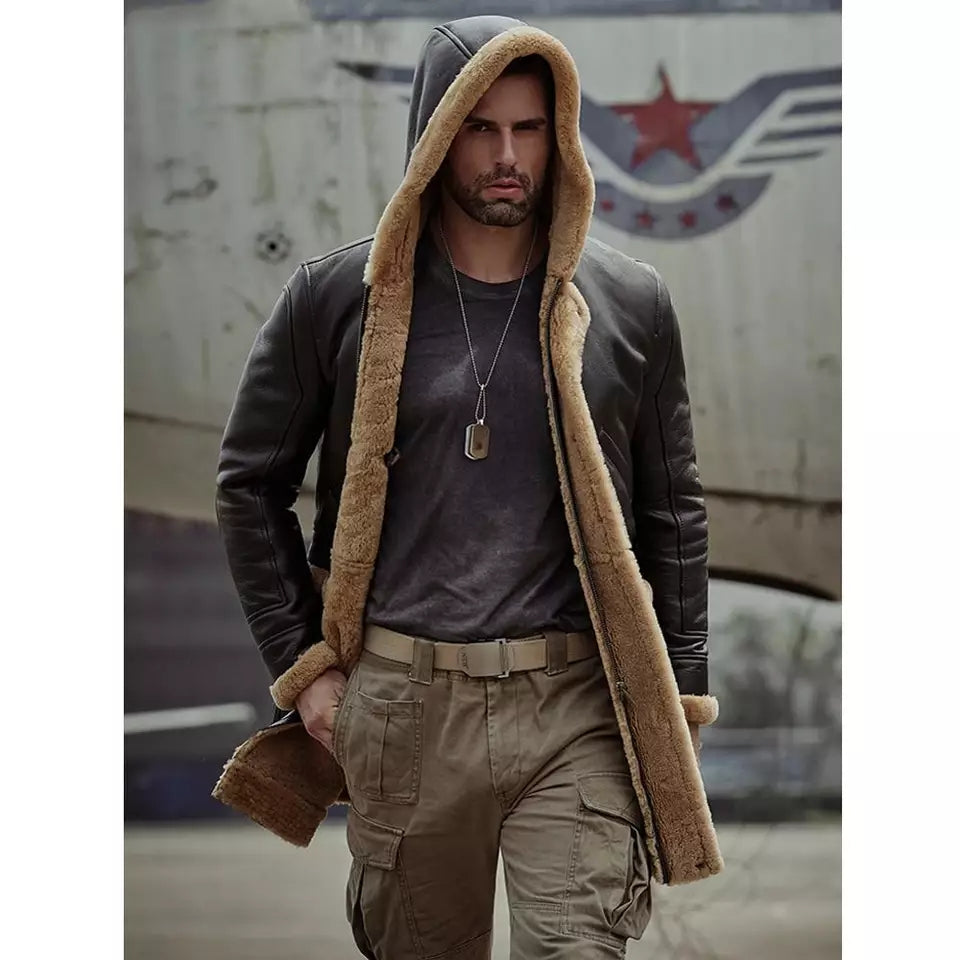 Men's B7 Bomber Sheepskin Leather Coat In Dark Brown With Hood