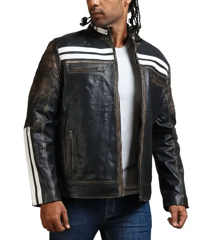 Men's Black Cafe Racer Biker Leather Jacket With White Straps