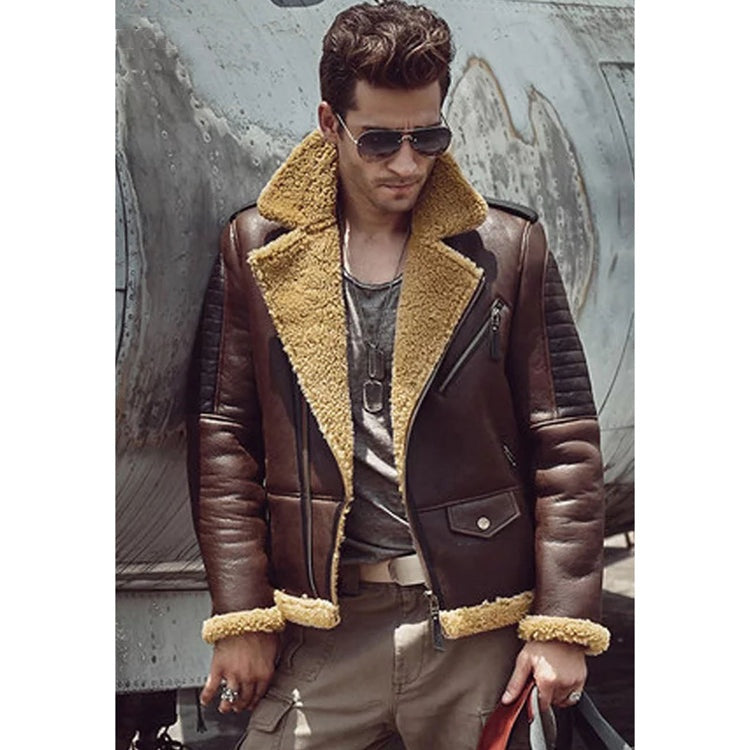 Men's Dark Brown Sheepskin Biker Fur Leather Jacket