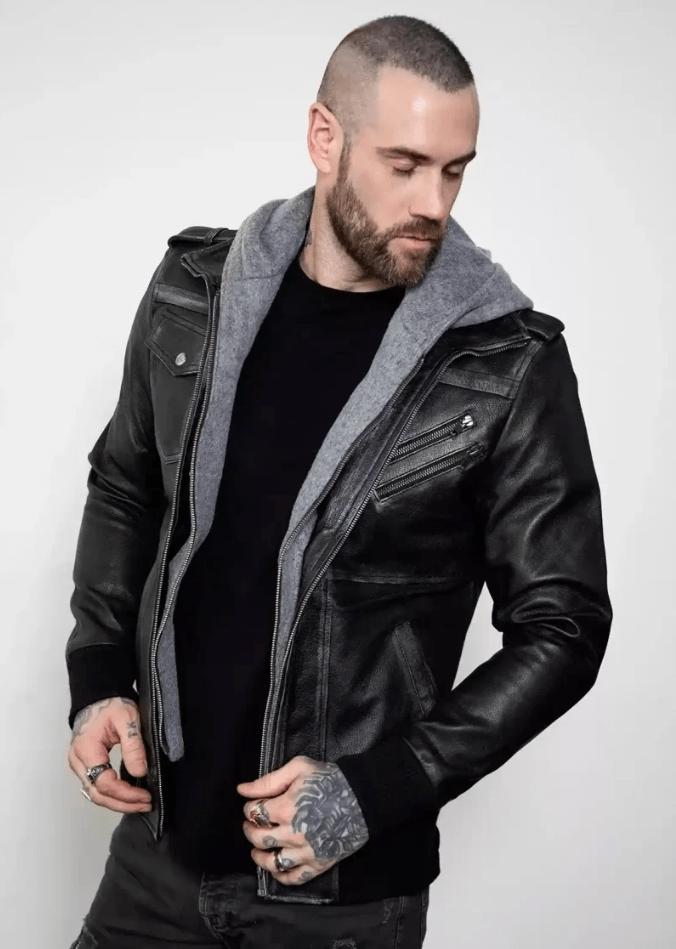 Men's Distressed Bomber Leather Jacket In Black
