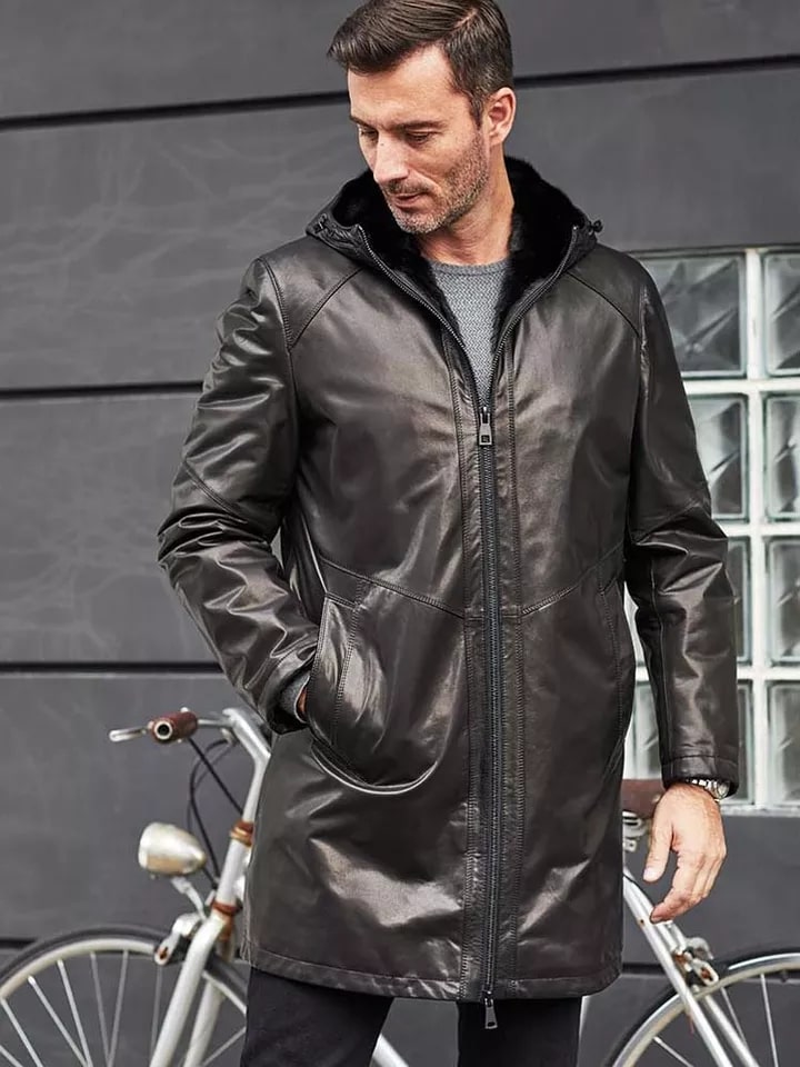 Men's Fur Sheepskin Leather Coat In Black With Hood