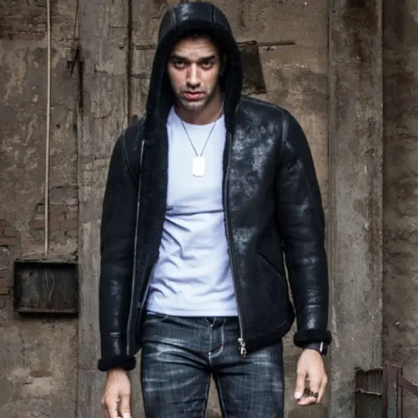 Arcane Fox - Men's Hooded Shearling Leather Jacket In Black