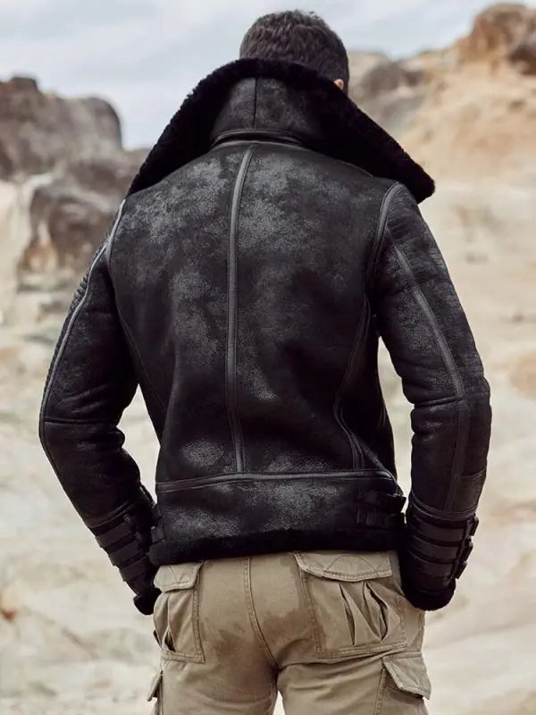 Arcane Fox - Men's Shearling B3 Motorcycle Leather Jacket In Black