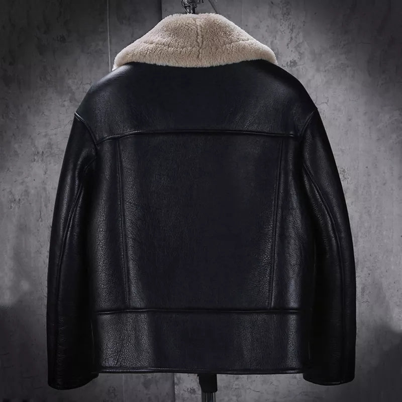 Men's Shearling Black leather jacket With Oversized Collar