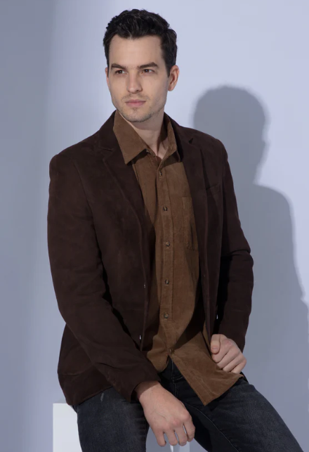 Men's Suede Leather Blazer In Dark Brown