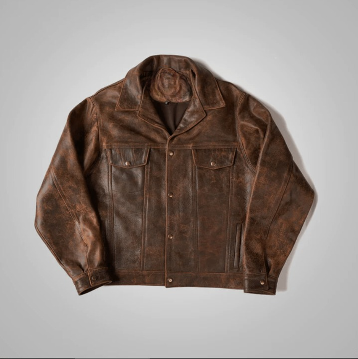 Men's Trucker Distressed Leather Jacket In Dark Brown