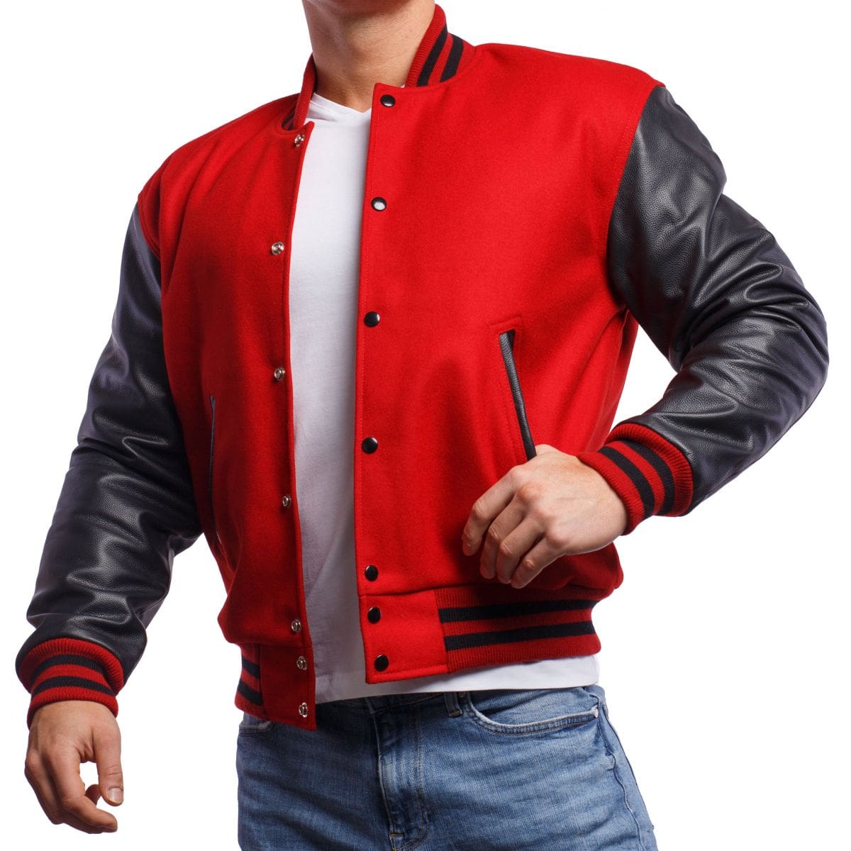 Men's Varsity Leather Jacket In Red & Black Sleeves