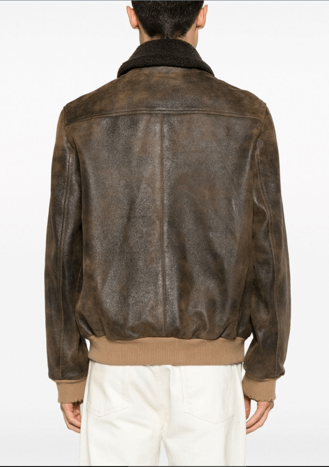 Men's Vintage Shearling Bomber Leather Jacket In Dark Brown