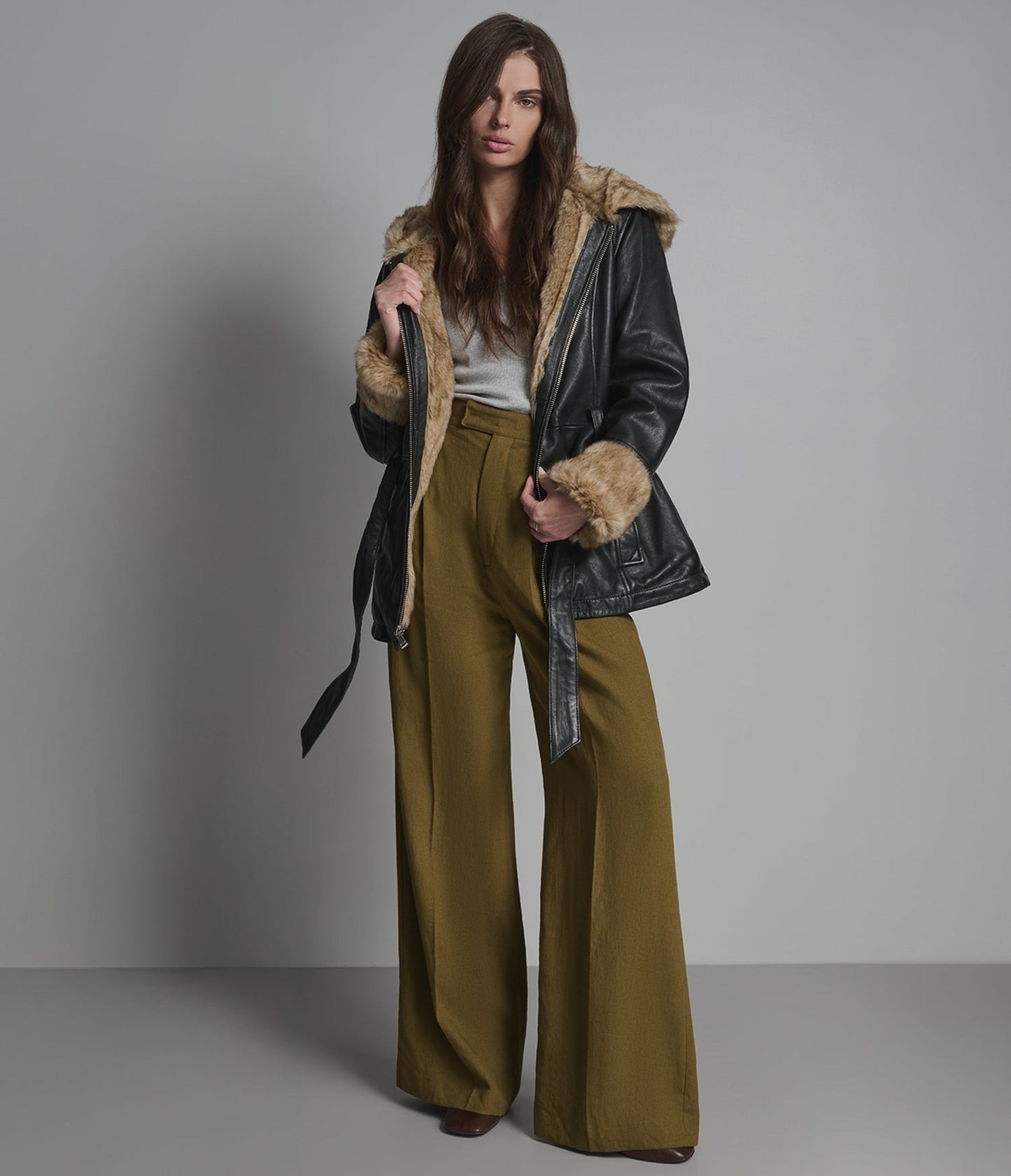 Women's Black Belted Shearling Lether Jacket With Hood - Arcane Fox