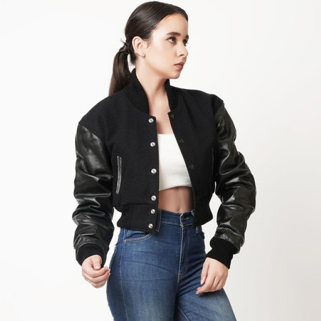 Women's Letterman Cropped Leather Jacket In Black