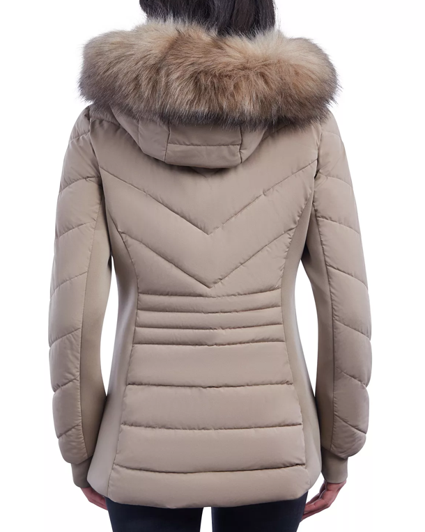 Arcane Fox - Women's Puffer Parka Jacket In Beige With Fur Hood