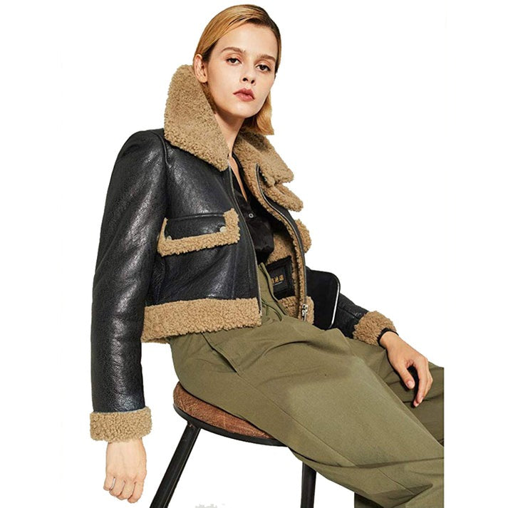 Arcane Fox - Women's Sheepskin Cropped Aviator Leather Jacket In Black