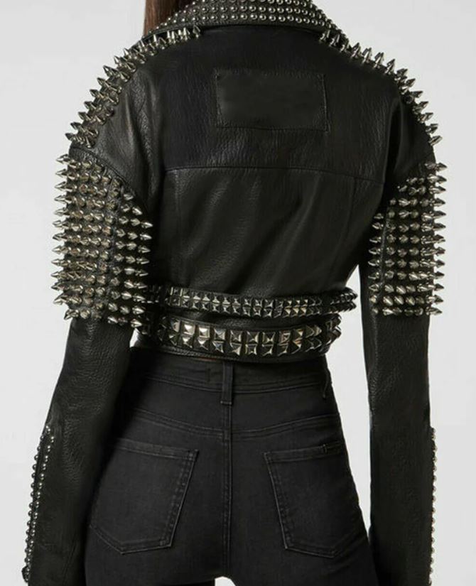 Women's Belted Black Cropped Studded Leather Jacket