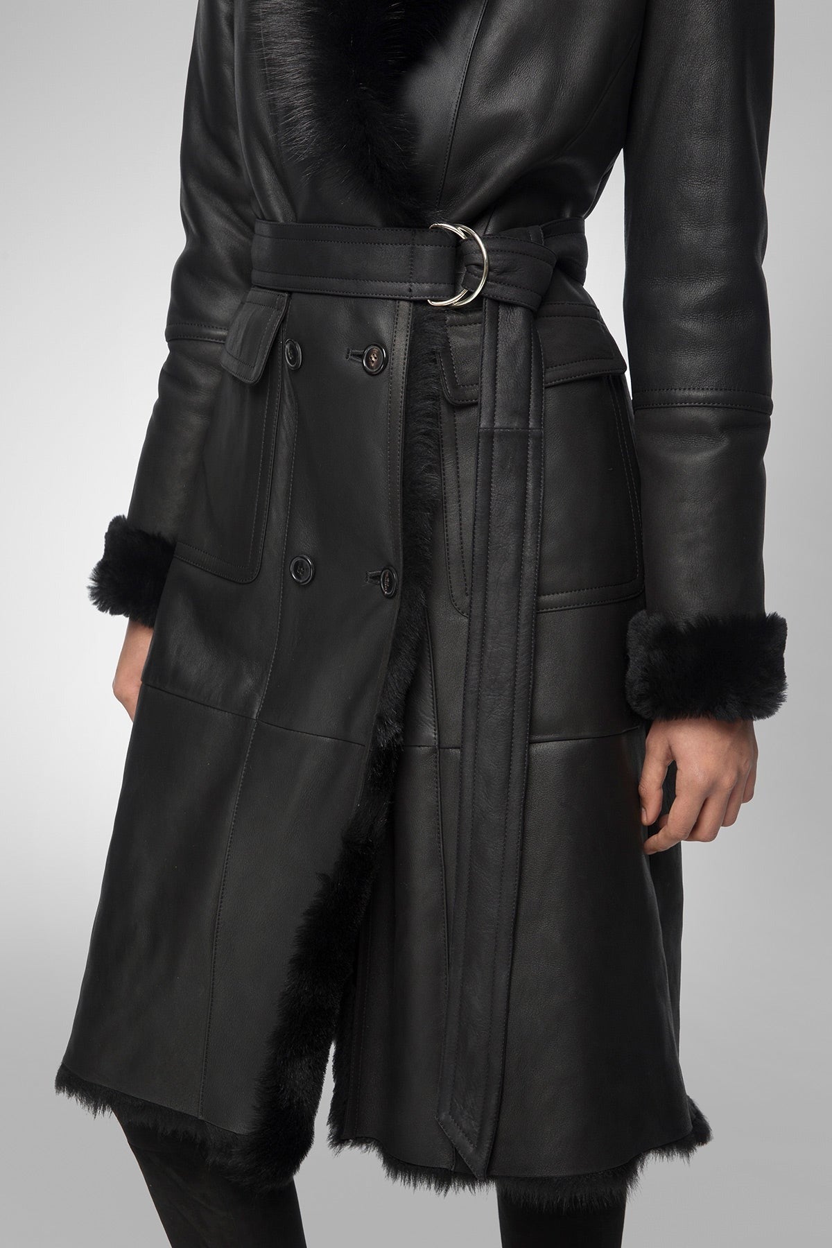 Women's Belted Shearling Bomber Leather Coat In Black