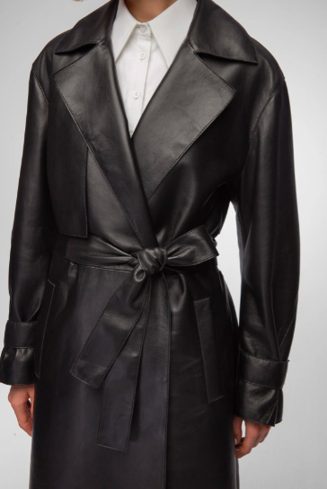Women's Belted Trench Leather Coat In Black
