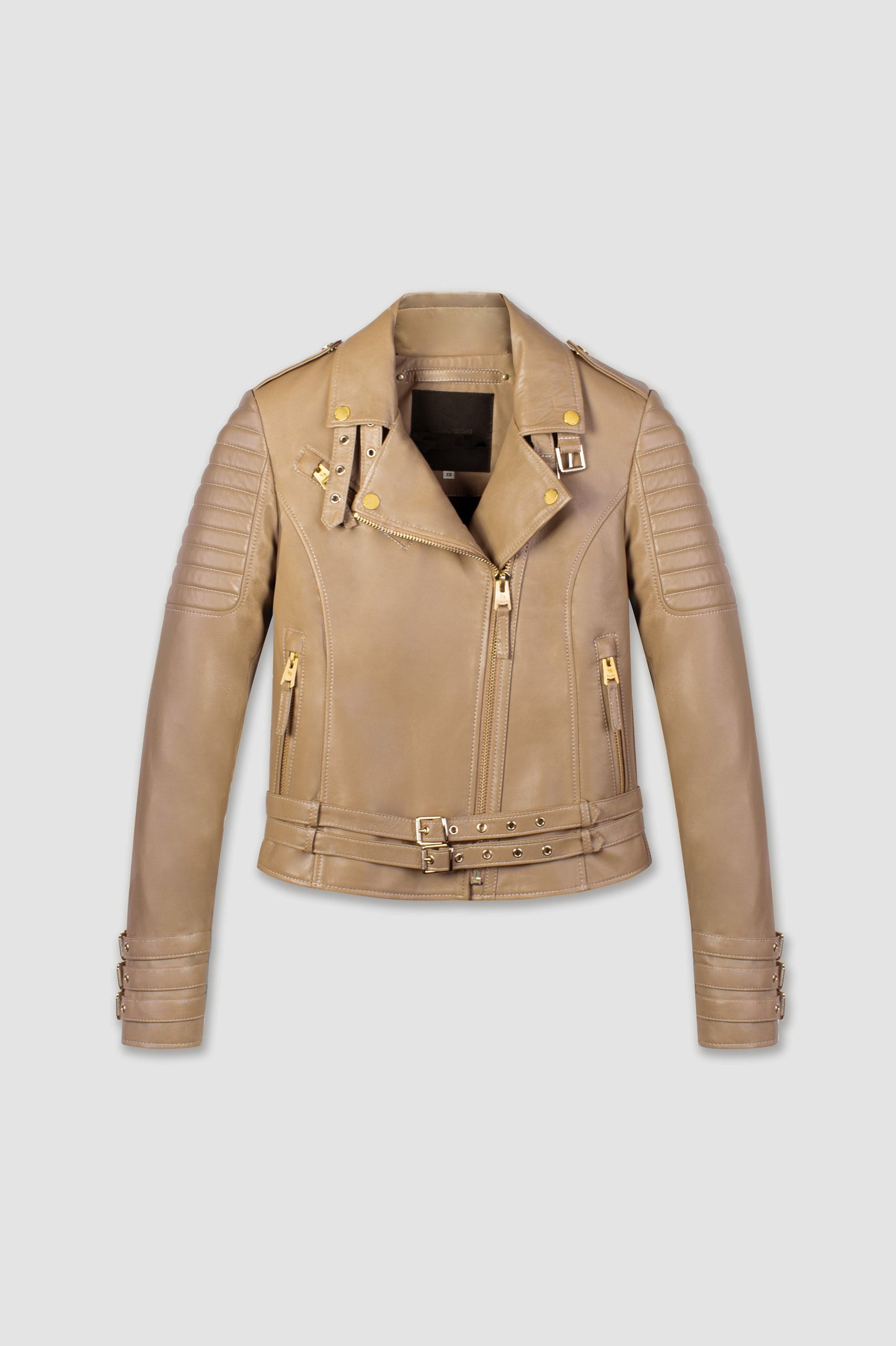 Women's Biker Cafe Racer Leather Jacket In Beige