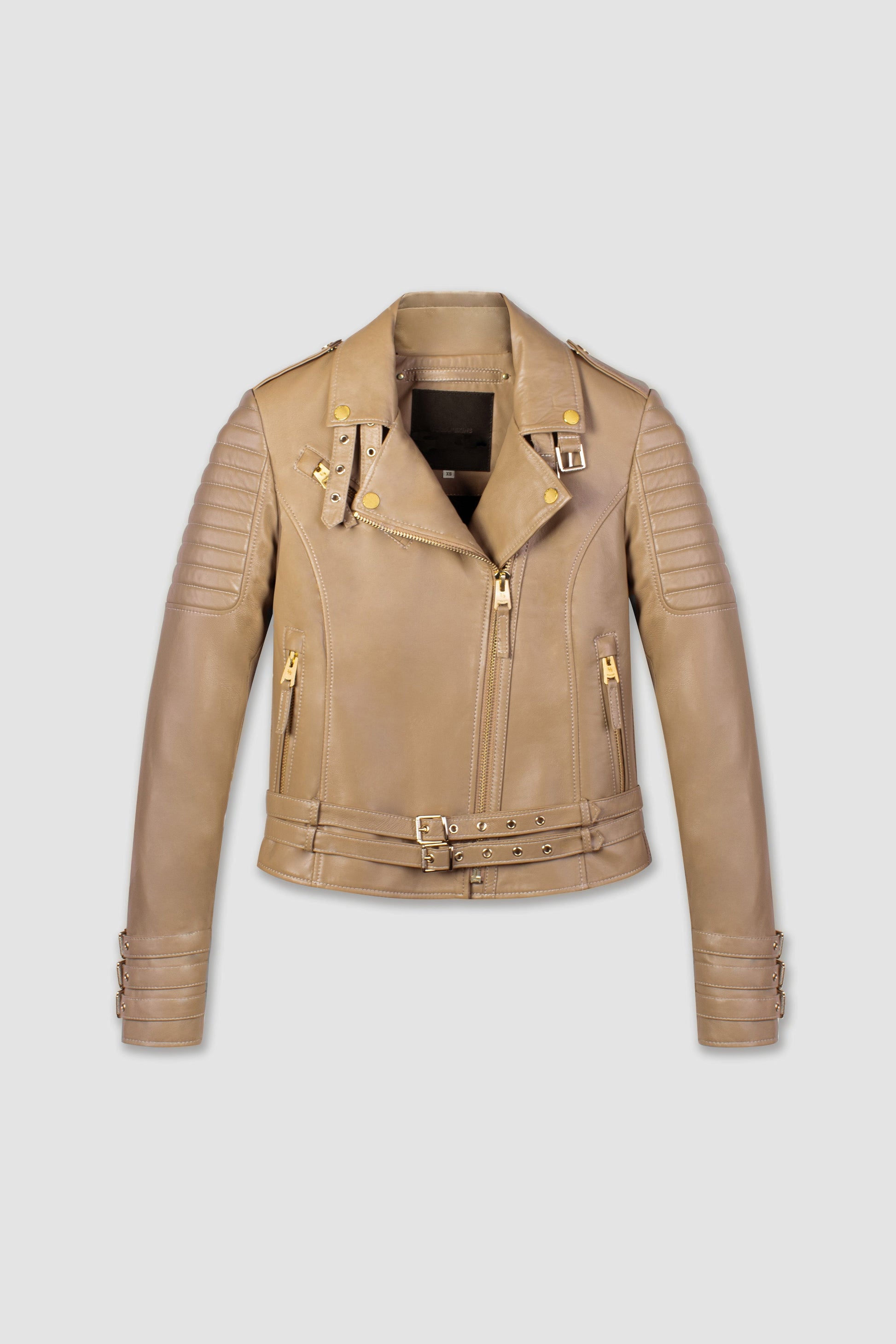 Women's Biker Cafe Racer Leather Jacket In Beige