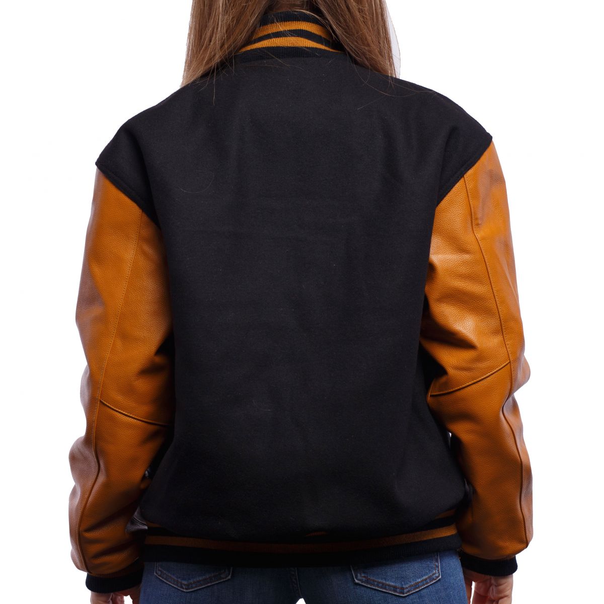 Women's Bomber Varsity Leather Jacket In Black & Brown Sleeves