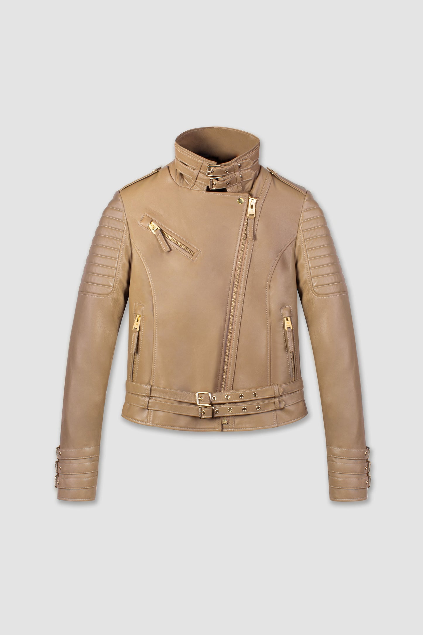 Women's Biker Cafe Racer Leather Jacket In Beige
