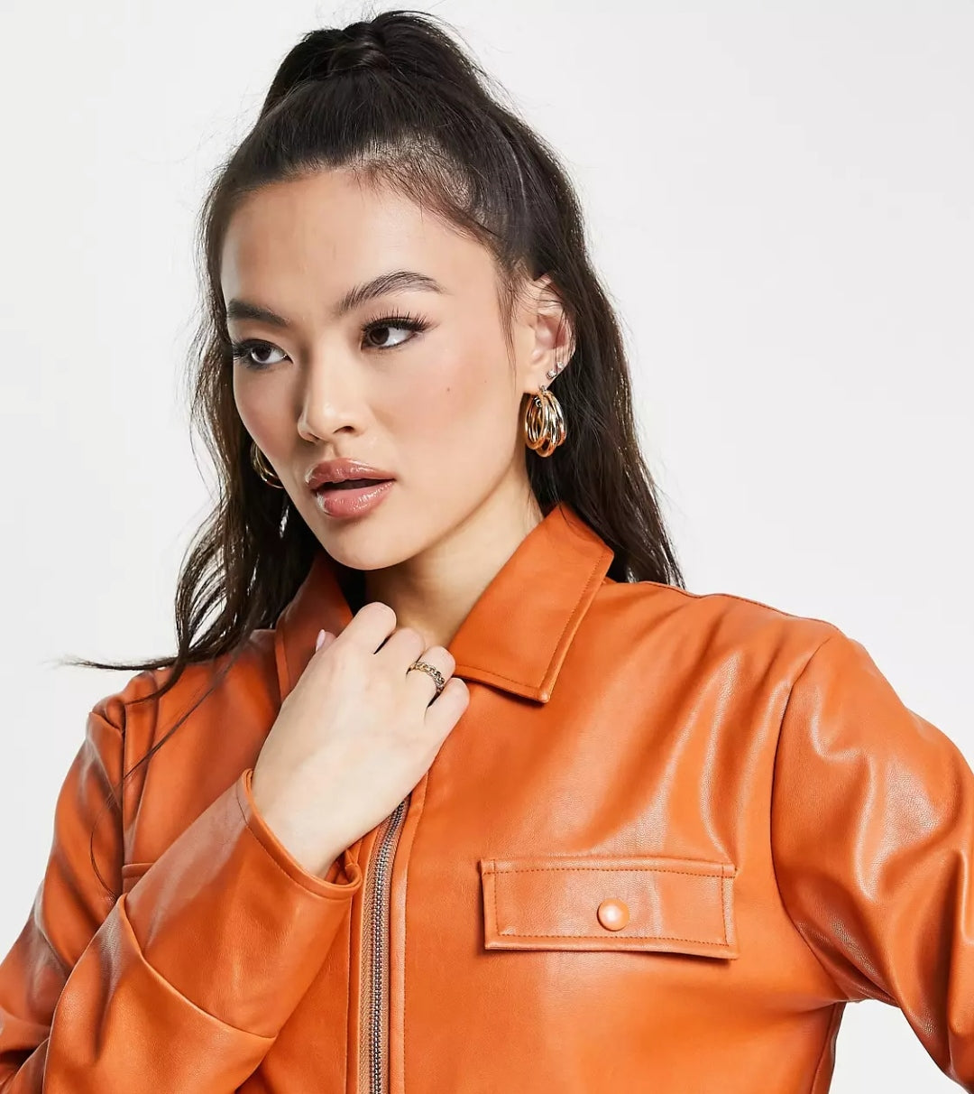 Women's Cropped Full Sleeve Leather Shirt In Orange