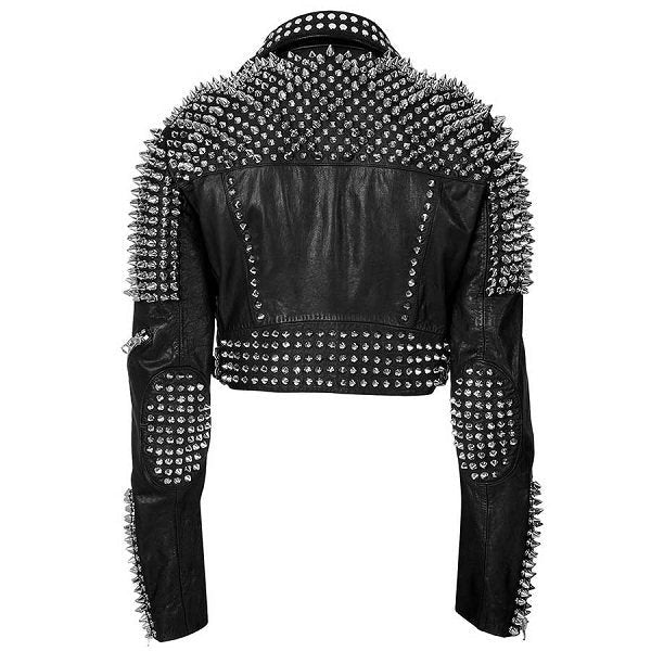 Women's Cropped Studded Leather Jacket In Black With Belted Waist