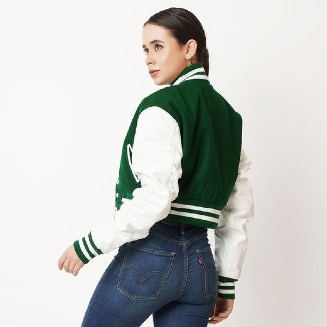 Women's Cropped Varsity Leather Jacket In Green & White Sleeves